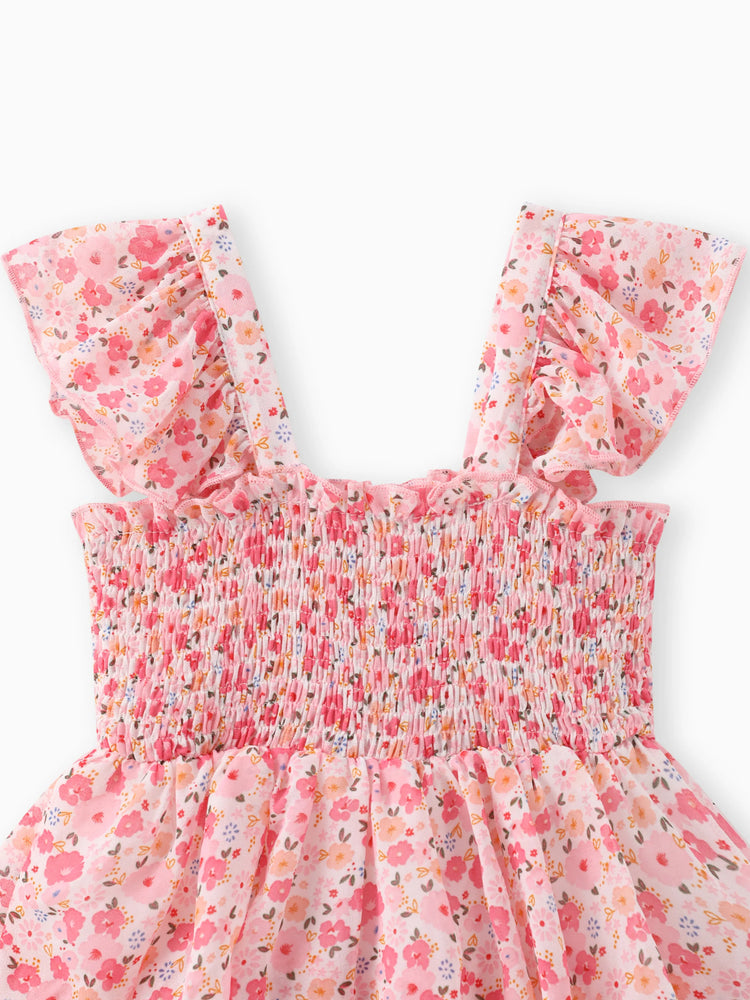 Kleinkind Mädchen süßes gesmoktes ärmelloses Kleid mit Blumendruck rosa