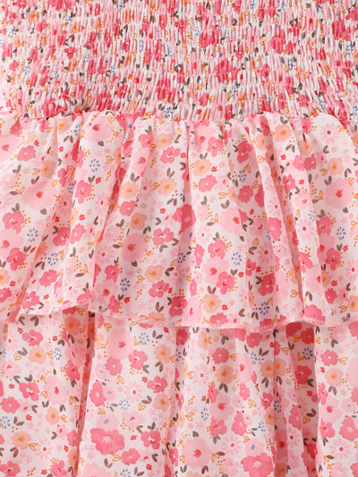 Toddler Girl Sweet Floral Print Smocked Ruffled Sleeveless Dress Pink