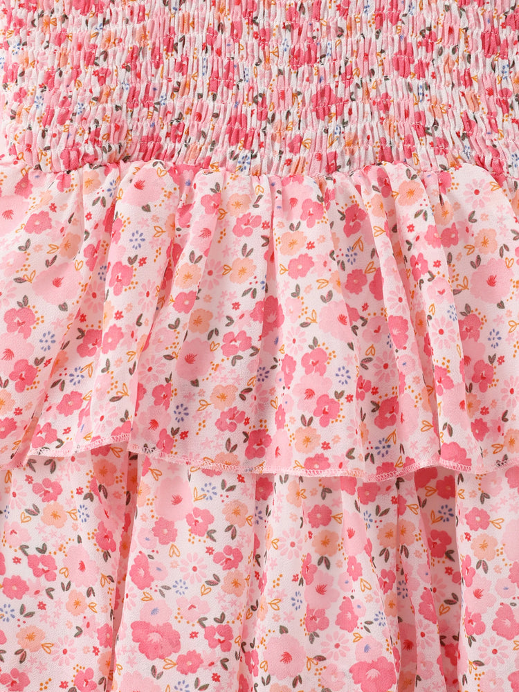 Kleinkind Mädchen süßes gesmoktes ärmelloses Kleid mit Blumendruck rosa