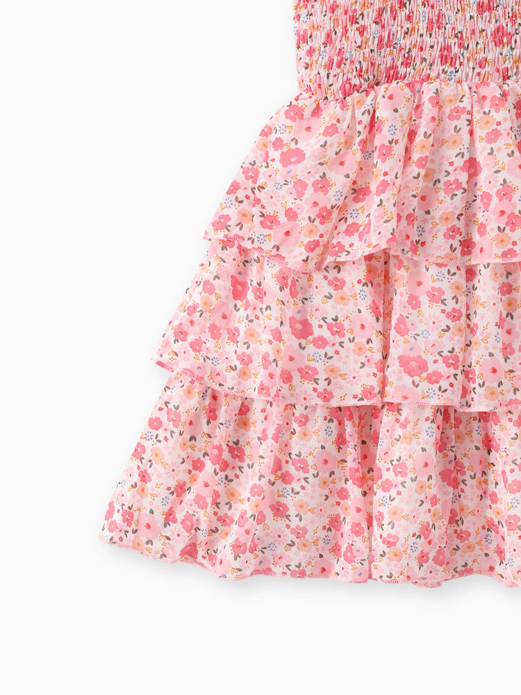 Kleinkind Mädchen süßes gesmoktes ärmelloses Kleid mit Blumendruck rosa