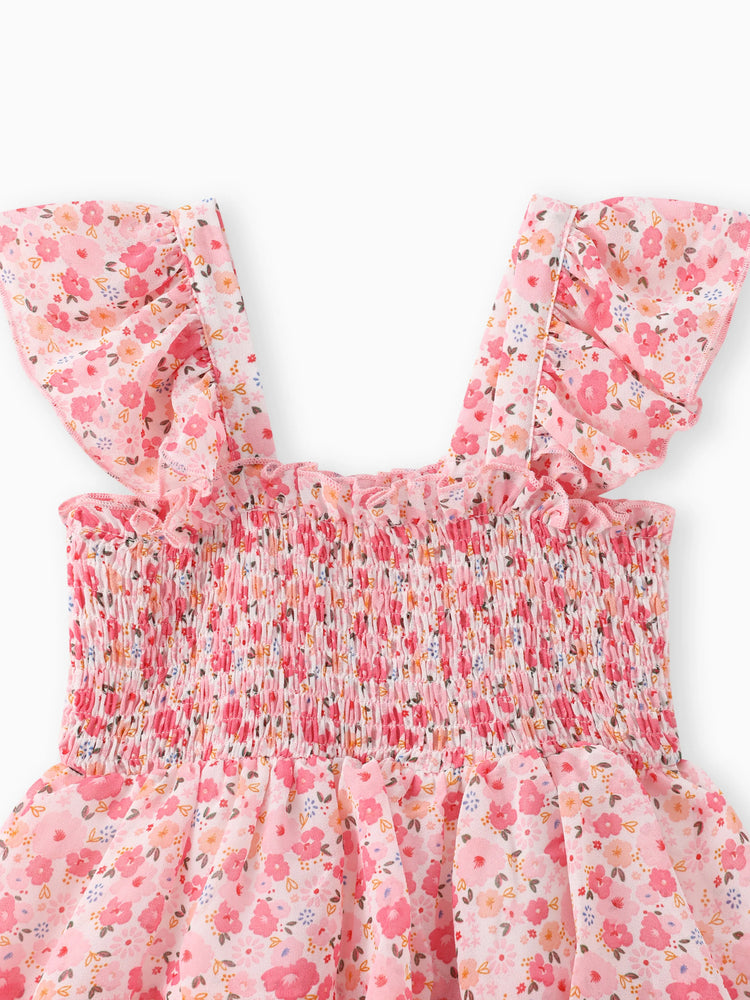 Kleinkind Mädchen süßes gesmoktes ärmelloses Kleid mit Blumendruck rosa