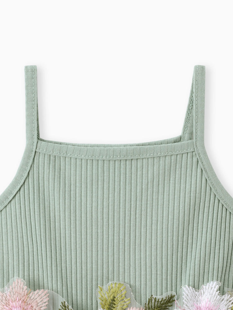 Vestido de hada con panel acanalado de malla y decoración floral dulce para niña pequeña, color verde