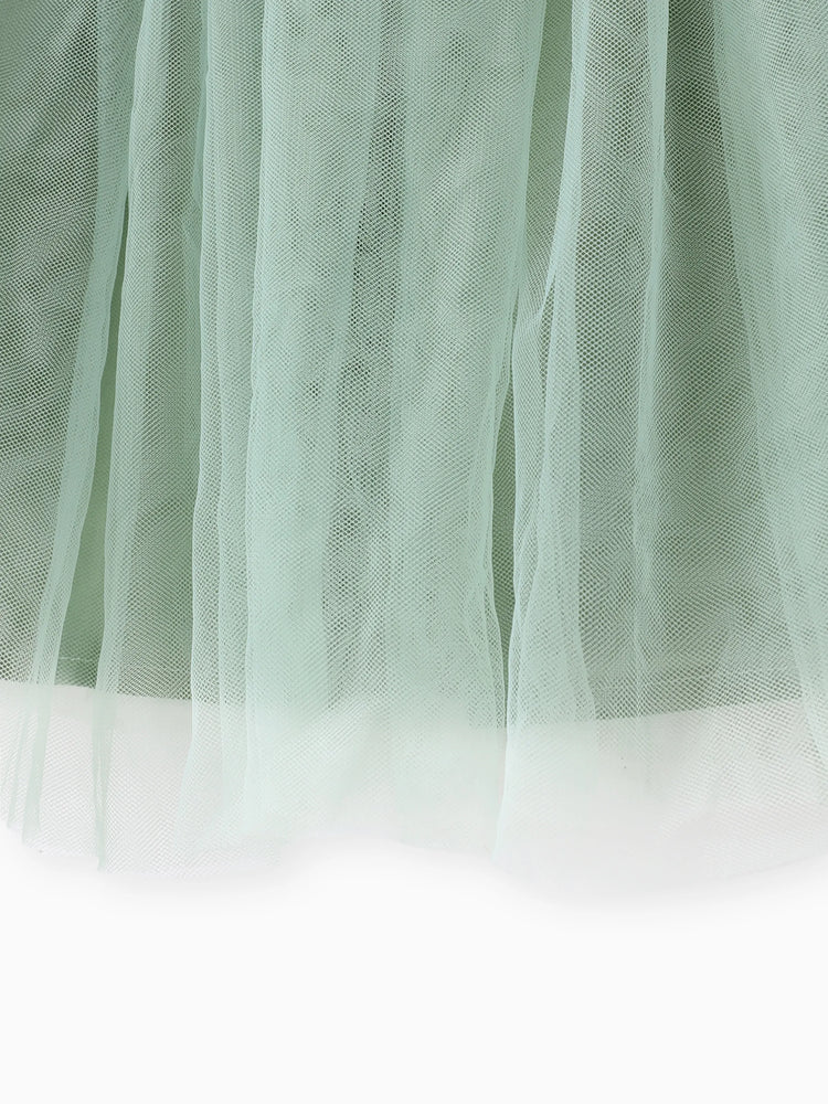 Vestido de hada con panel acanalado de malla y decoración floral dulce para niña pequeña, color verde