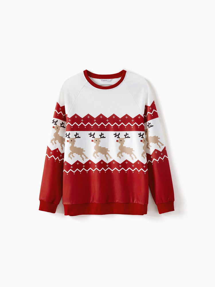 Sweat-shirts assortis à manches raglan et imprimé renne pour toute la famille, rouge