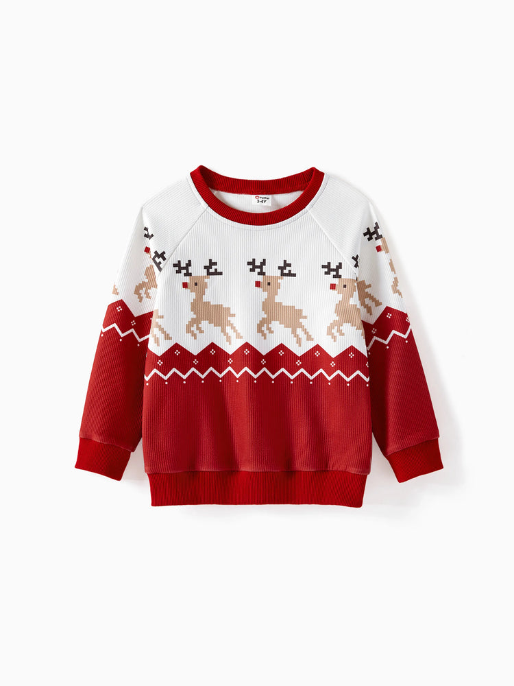 Sweat-shirts assortis à manches raglan et imprimé renne pour toute la famille, rouge