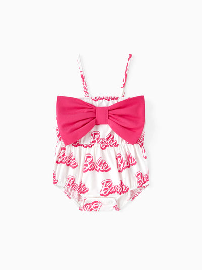 Barbie Baby Girl 95% Cotton Allover Letter Print Bow Front Cami Romper PinkyWhite