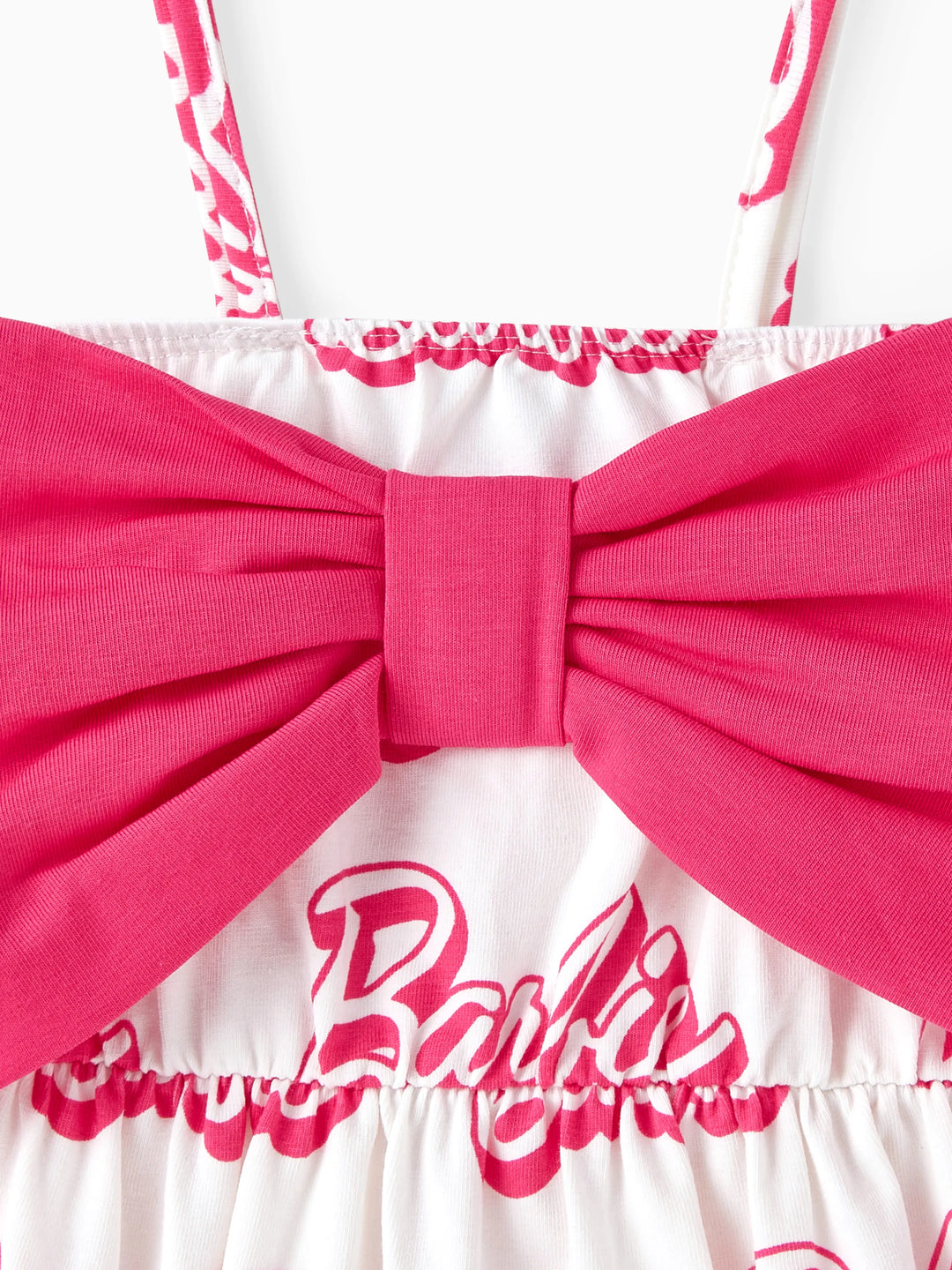 Mono de tirantes para niña Barbie, 95 % algodón, estampado de letras, lazo delantero, color rosa y blanco
