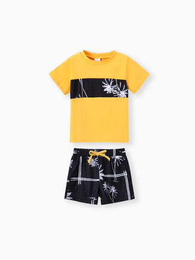 2pcs Toddler Trendy Boy Floral Tree Print Tee and Shorts Set Yellow