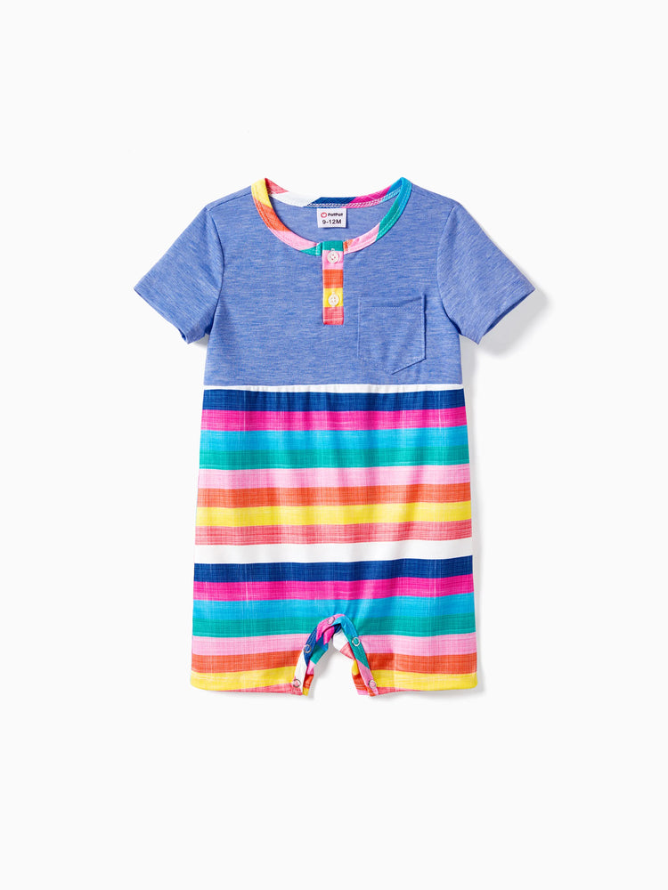 Family Matching Multi-Color Stripe T-shirt and Ruffle Hem Button Strap Dress Sets COLOREDSTRIPES