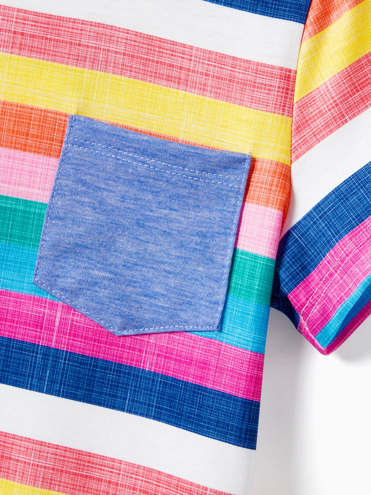 Family Matching Multi-Color Stripe T-shirt and Ruffle Hem Button Strap Dress Sets COLOREDSTRIPES