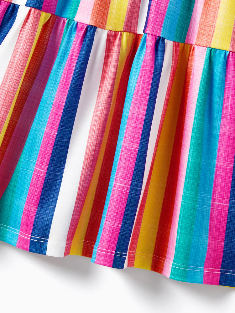 Family Matching Multi-Color Stripe T-shirt and Ruffle Hem Button Strap Dress Sets COLOREDSTRIPES