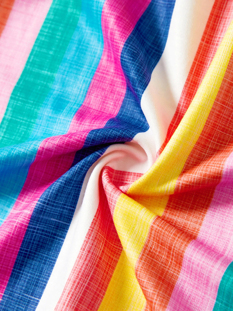 Family Matching Multi-Color Stripe T-shirt and Ruffle Hem Button Strap Dress Sets COLOREDSTRIPES