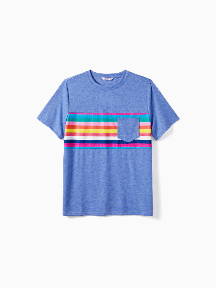 Family Matching Multi-Color Stripe T-shirt and Ruffle Hem Button Strap Dress Sets COLOREDSTRIPES