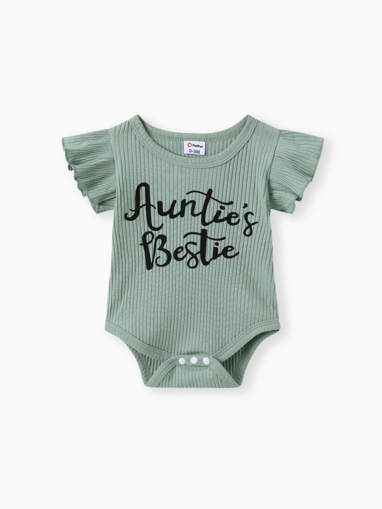 Ensemble 3 pièces pour bébé fille, 100 % coton, jupe en jean déchirée avec ceinture, barboteuse à manches flottantes et bandeau côtelés à imprimé lettres, vert haricot clair