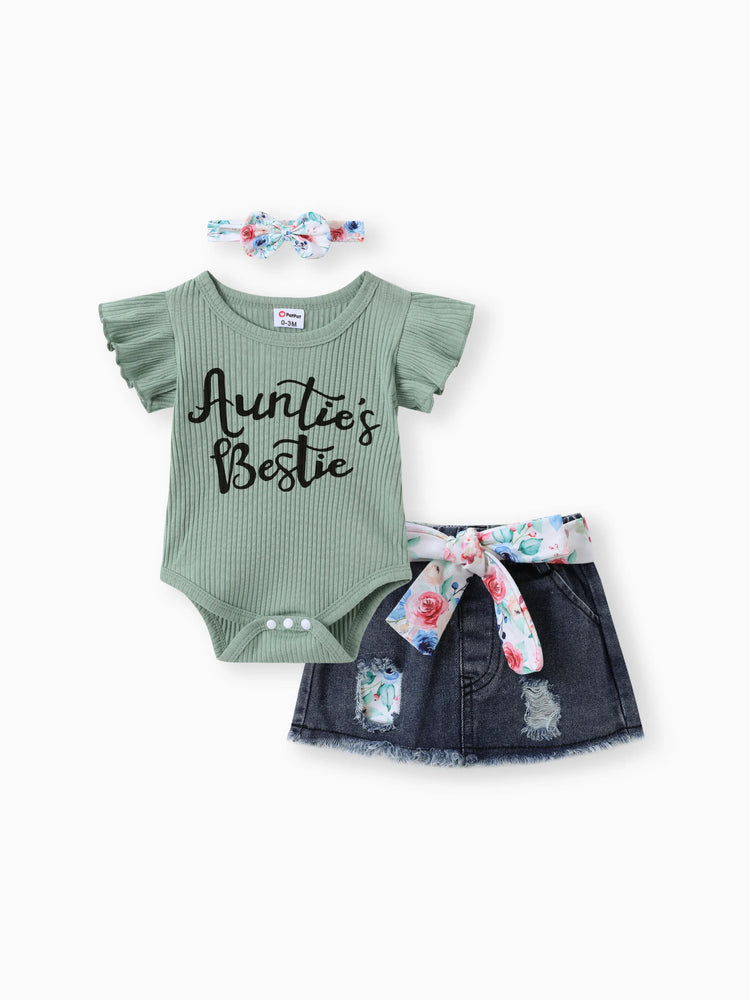 Ensemble 3 pièces pour bébé fille, 100 % coton, jupe en jean déchirée avec ceinture, barboteuse à manches flottantes et bandeau côtelés à imprimé lettres, vert haricot clair