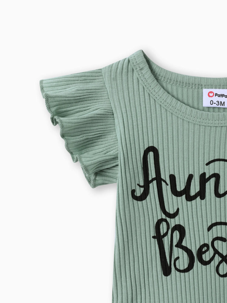 Ensemble 3 pièces pour bébé fille, 100 % coton, jupe en jean déchirée avec ceinture, barboteuse à manches flottantes et bandeau côtelés à imprimé lettres, vert haricot clair