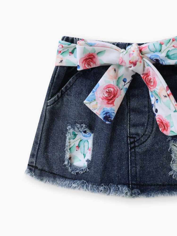 Ensemble 3 pièces pour bébé fille, 100 % coton, jupe en jean déchirée avec ceinture, barboteuse à manches flottantes et bandeau côtelés à imprimé lettres, vert haricot clair