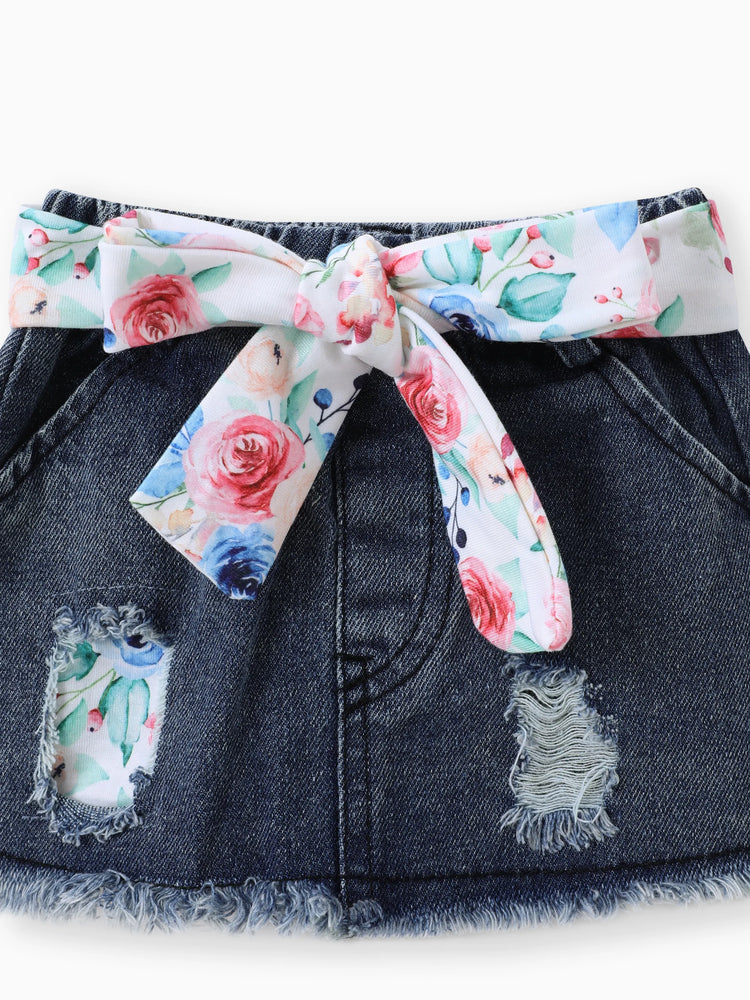 Ensemble 3 pièces pour bébé fille, 100 % coton, jupe en jean déchirée avec ceinture, barboteuse à manches flottantes et bandeau côtelés à imprimé lettres, vert haricot clair