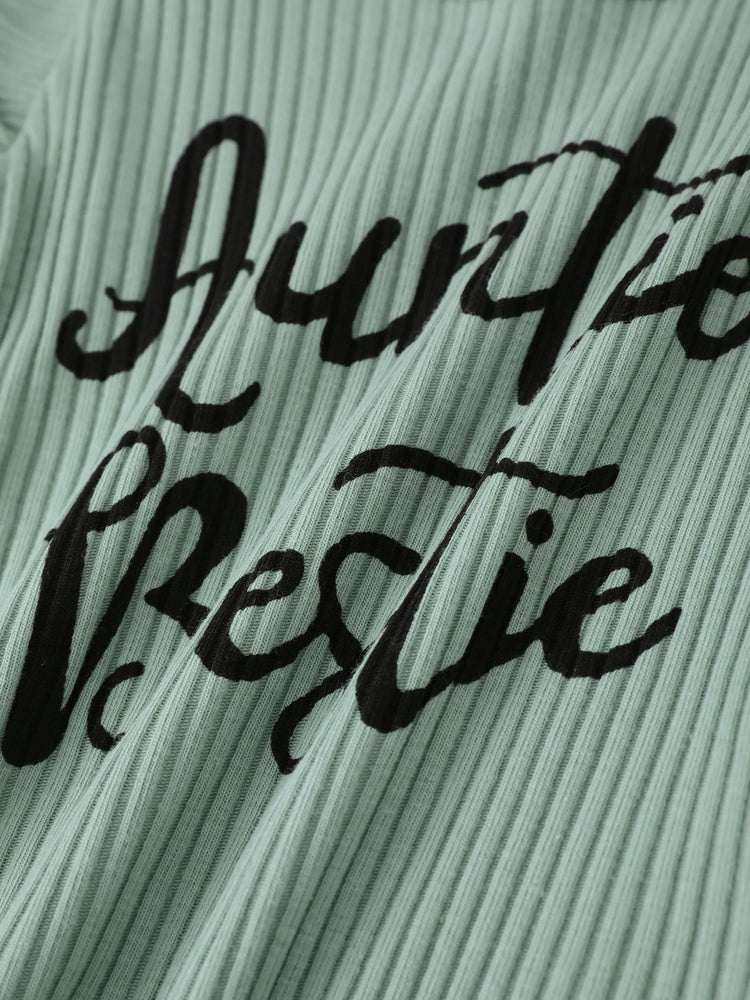 Ensemble 3 pièces pour bébé fille, 100 % coton, jupe en jean déchirée avec ceinture, barboteuse à manches flottantes et bandeau côtelés à imprimé lettres, vert haricot clair