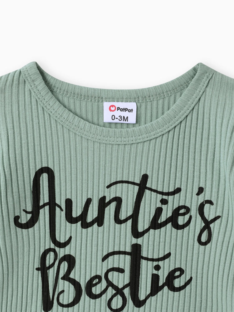 Ensemble 3 pièces pour bébé fille, 100 % coton, jupe en jean déchirée avec ceinture, barboteuse à manches flottantes et bandeau côtelés à imprimé lettres, vert haricot clair