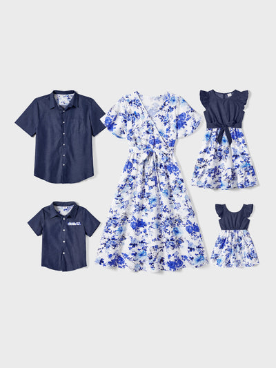 Family Matching Floral Print Short-sleeve Shirt or Tie Waist Dress Set Blue