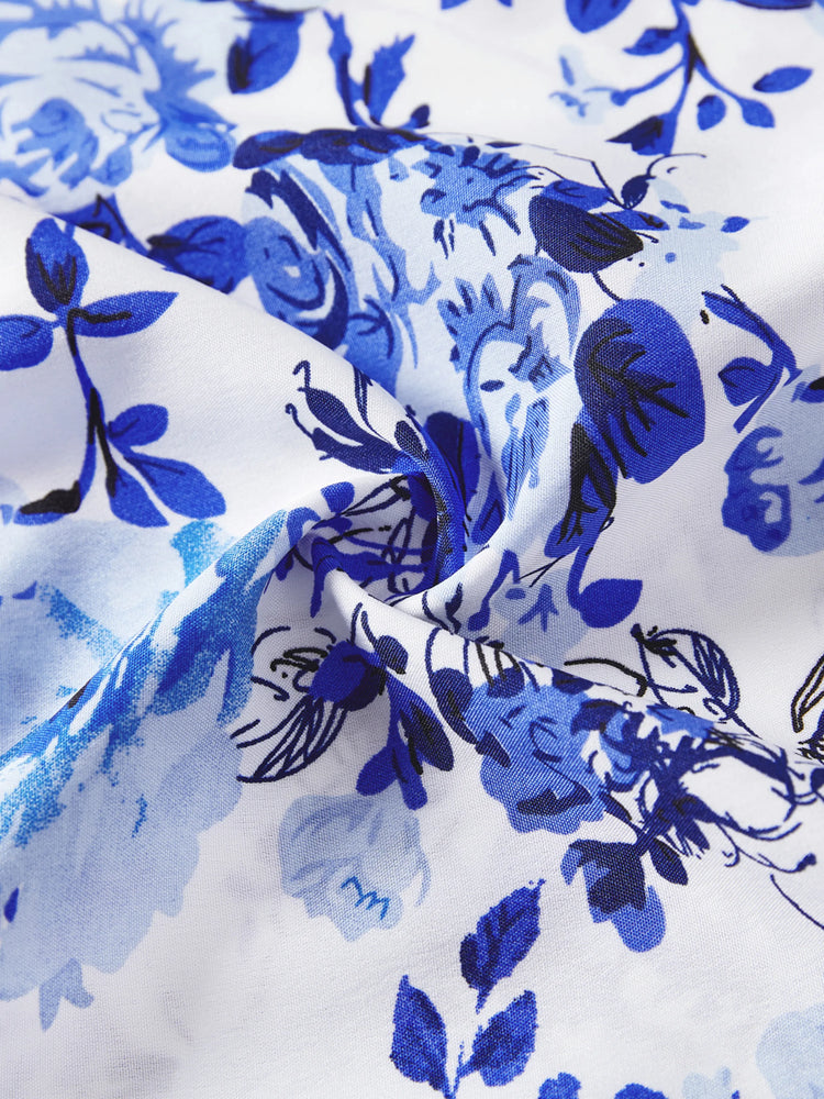 Eleganter Blumenanzug im Familienlook in mittlerer Dicke, kurzen Ärmeln, normaler Passform blau