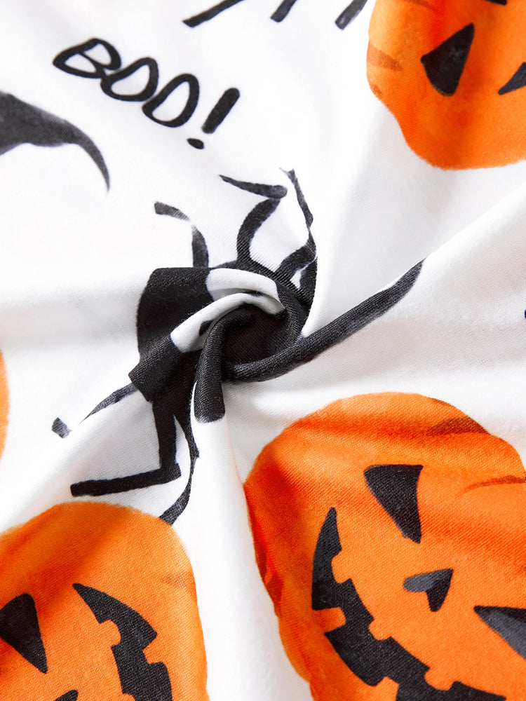 Halloween Family Matching Pumpkin Print Dresses and Short Sleeve Colorblock Tops Sets ColorBlock
