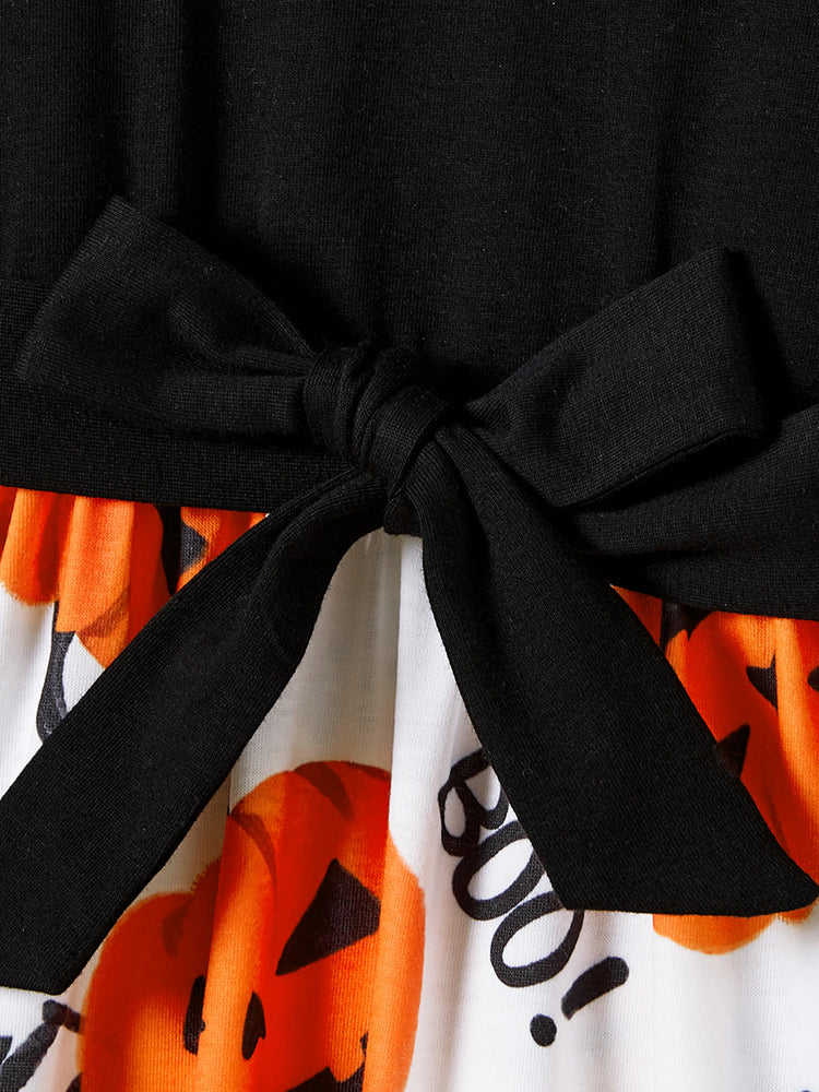 Halloween Family Matching Pumpkin Print Dresses and Short Sleeve Colorblock Tops Sets ColorBlock