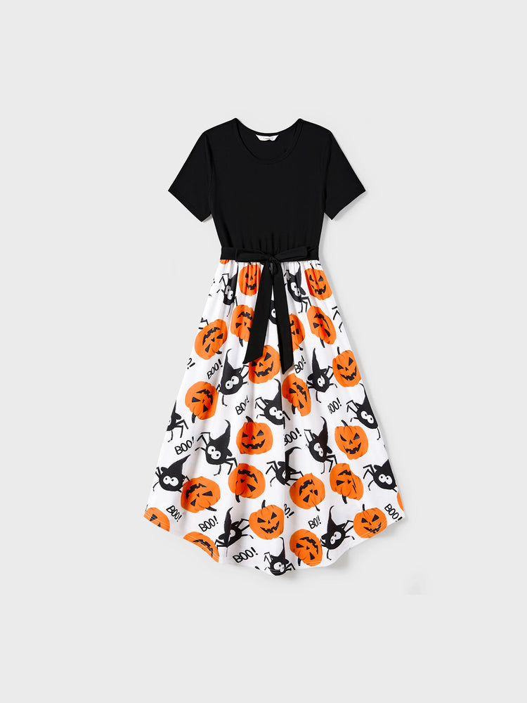 Halloween Family Matching Pumpkin Print Dresses and Short Sleeve Colorblock Tops Sets ColorBlock