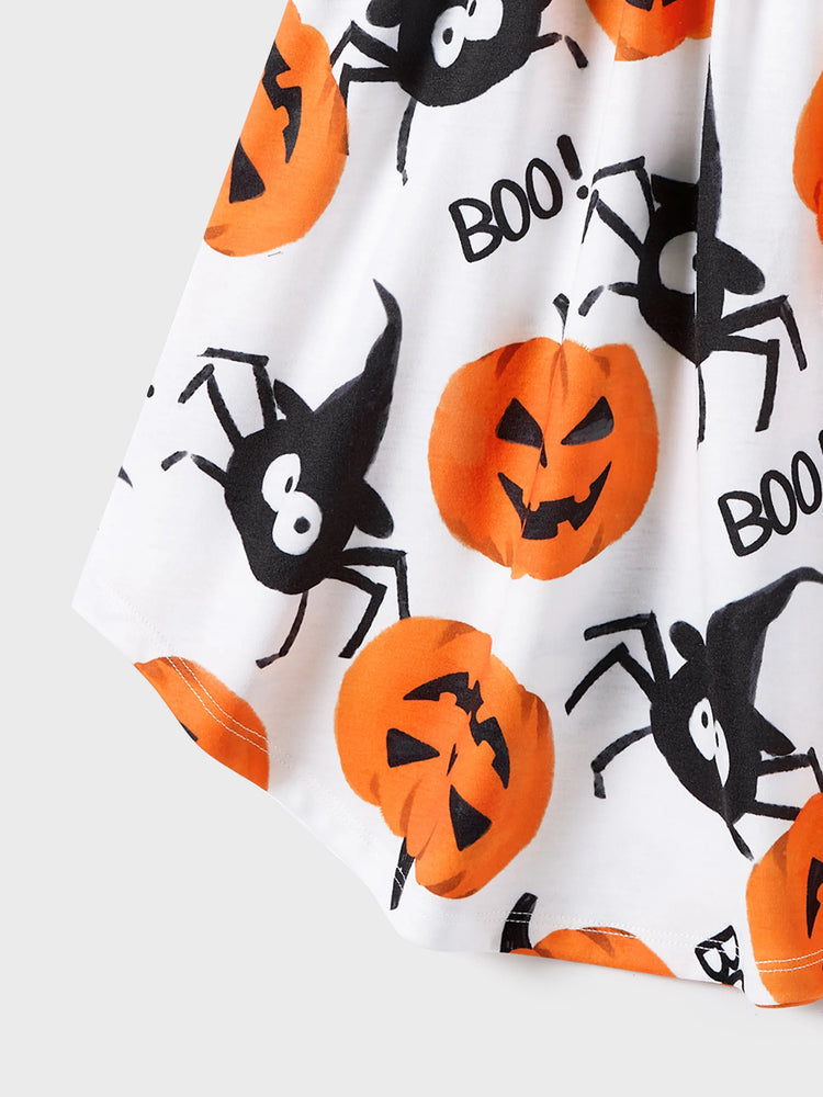 Halloween Family Matching Pumpkin Print Dresses and Short Sleeve Colorblock Tops Sets ColorBlock