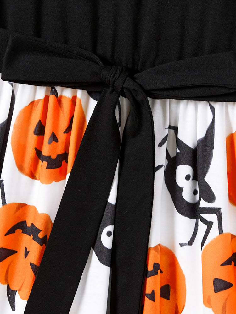 Halloween Family Matching Pumpkin Print Dresses and Short Sleeve Colorblock Tops Sets ColorBlock