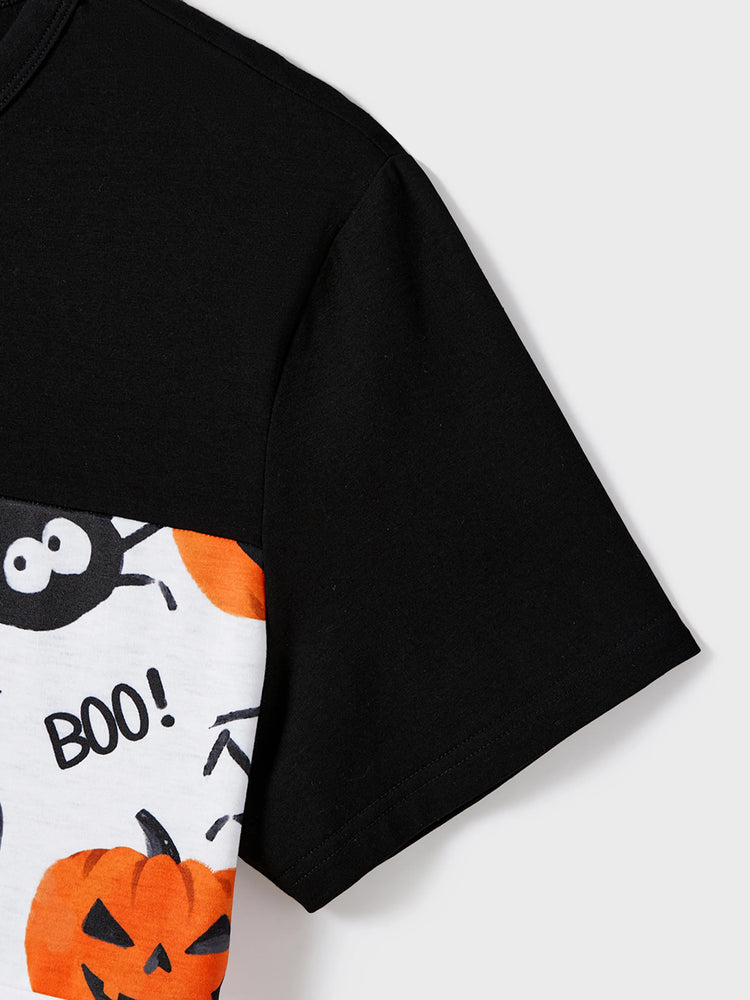 Halloween Family Matching Pumpkin Print Dresses and Short Sleeve Colorblock Tops Sets ColorBlock