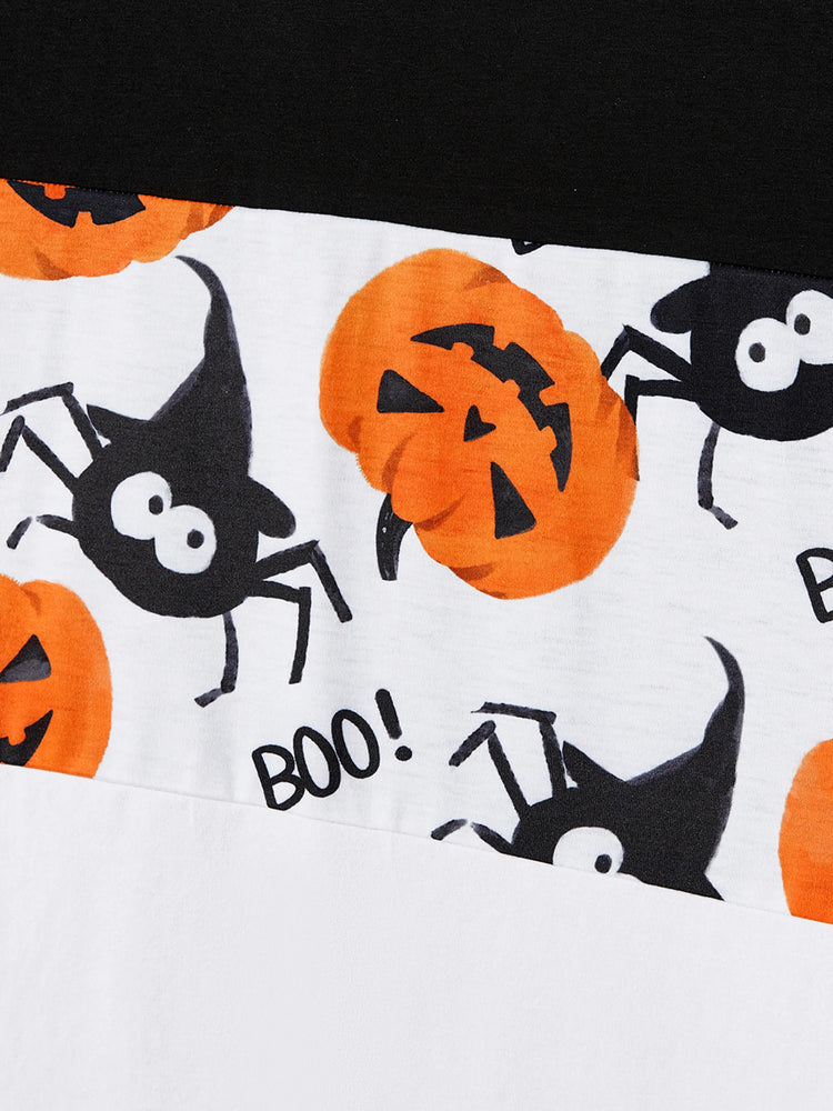 Halloween Family Matching Pumpkin Print Dresses and Short Sleeve Colorblock Tops Sets ColorBlock