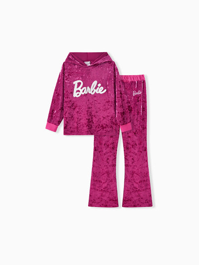 Barbie Kid Girl 2pcs Letter Embroidered Long-sleeve Hoodie and Pants Set Rosy pink