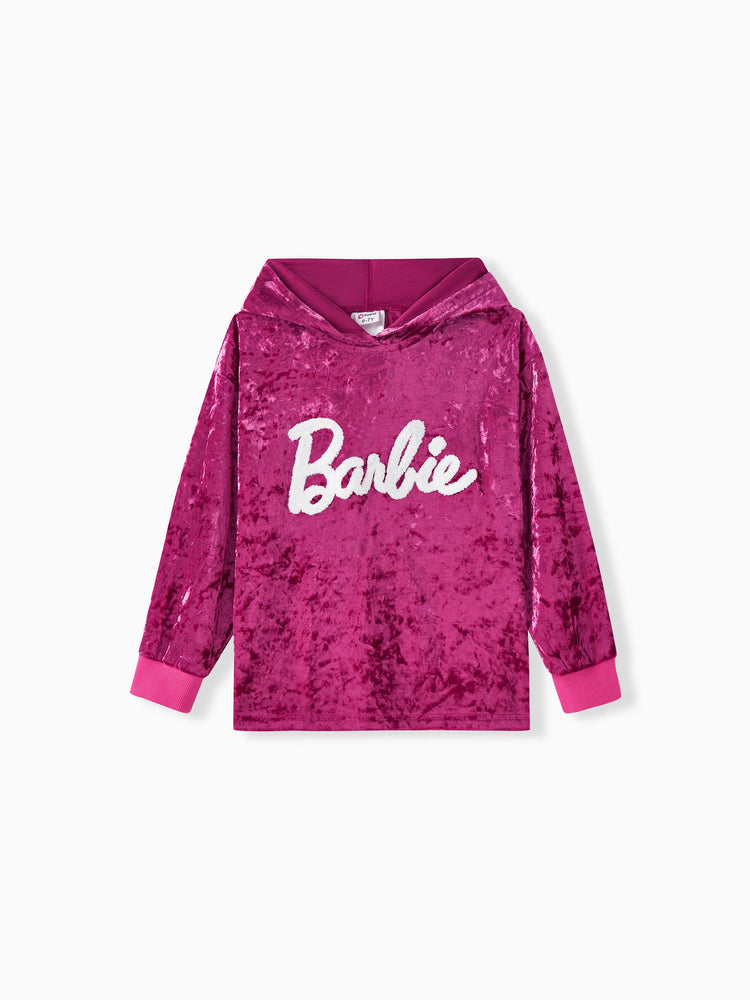 Barbie Kid Girl 2-teiliges langärmeliges Kapuzenpullover- und Hosenset mit Buchstabenstickerei  Rosa