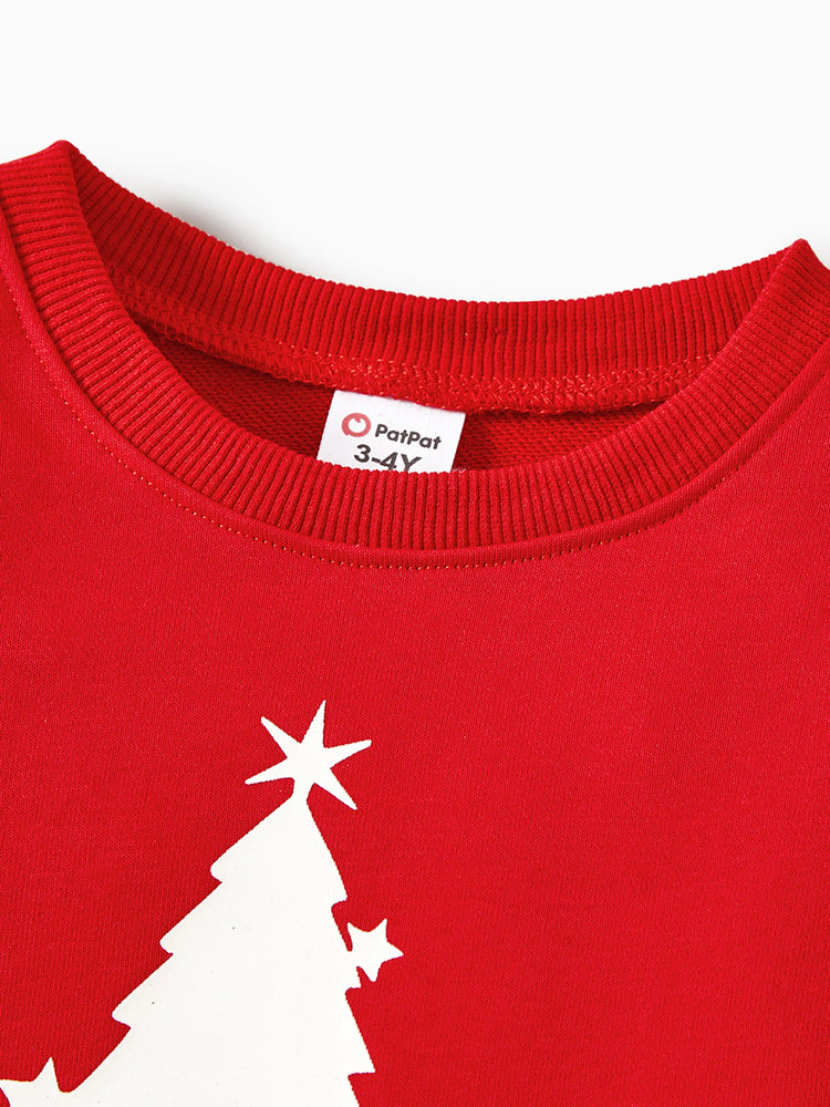 Christmas Family Matching Glow In The Dark Letters Print Long-sleeve Casual Tops Red