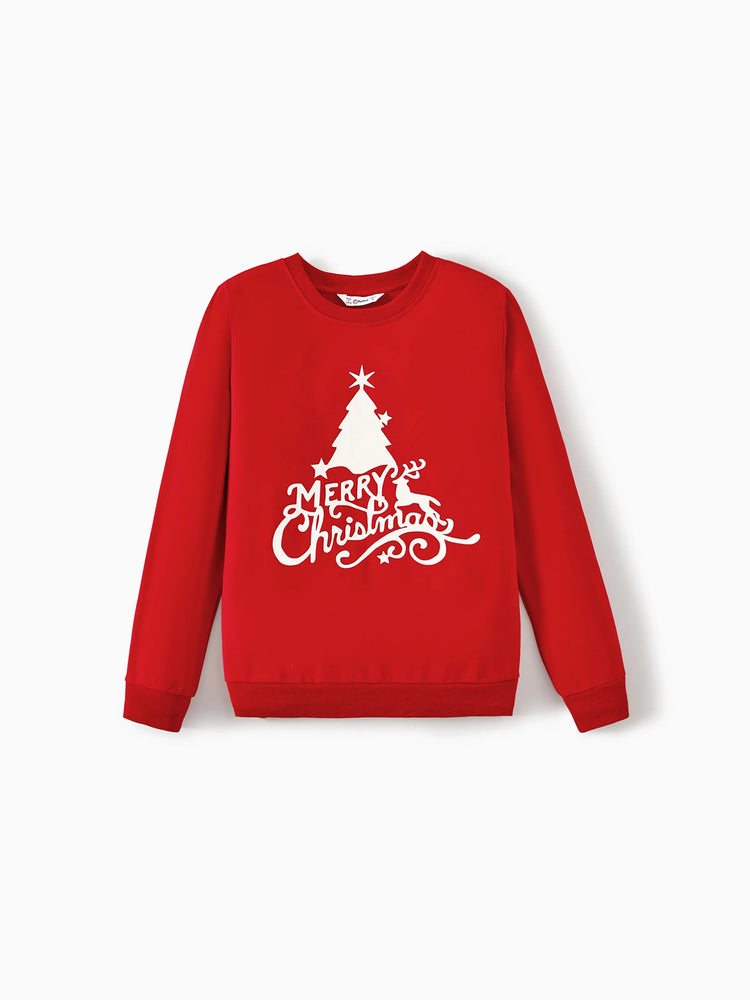Christmas Family Matching Glow In The Dark Letters Print Long-sleeve Casual Tops Red