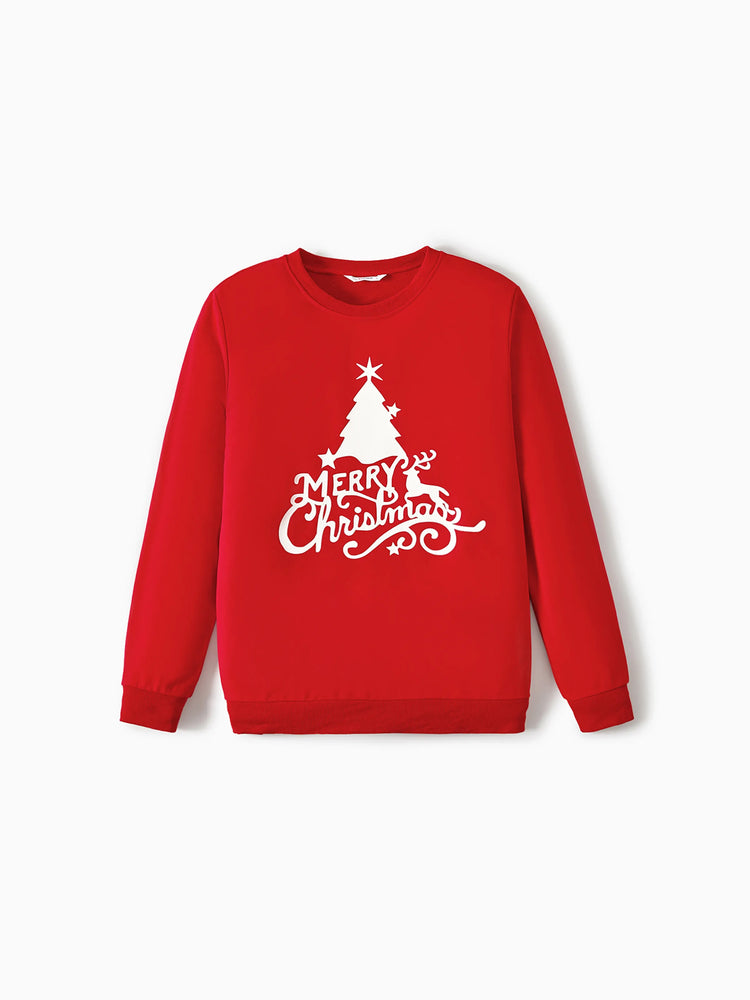 Christmas Family Matching Glow In The Dark Letters Print Long-sleeve Casual Tops Red