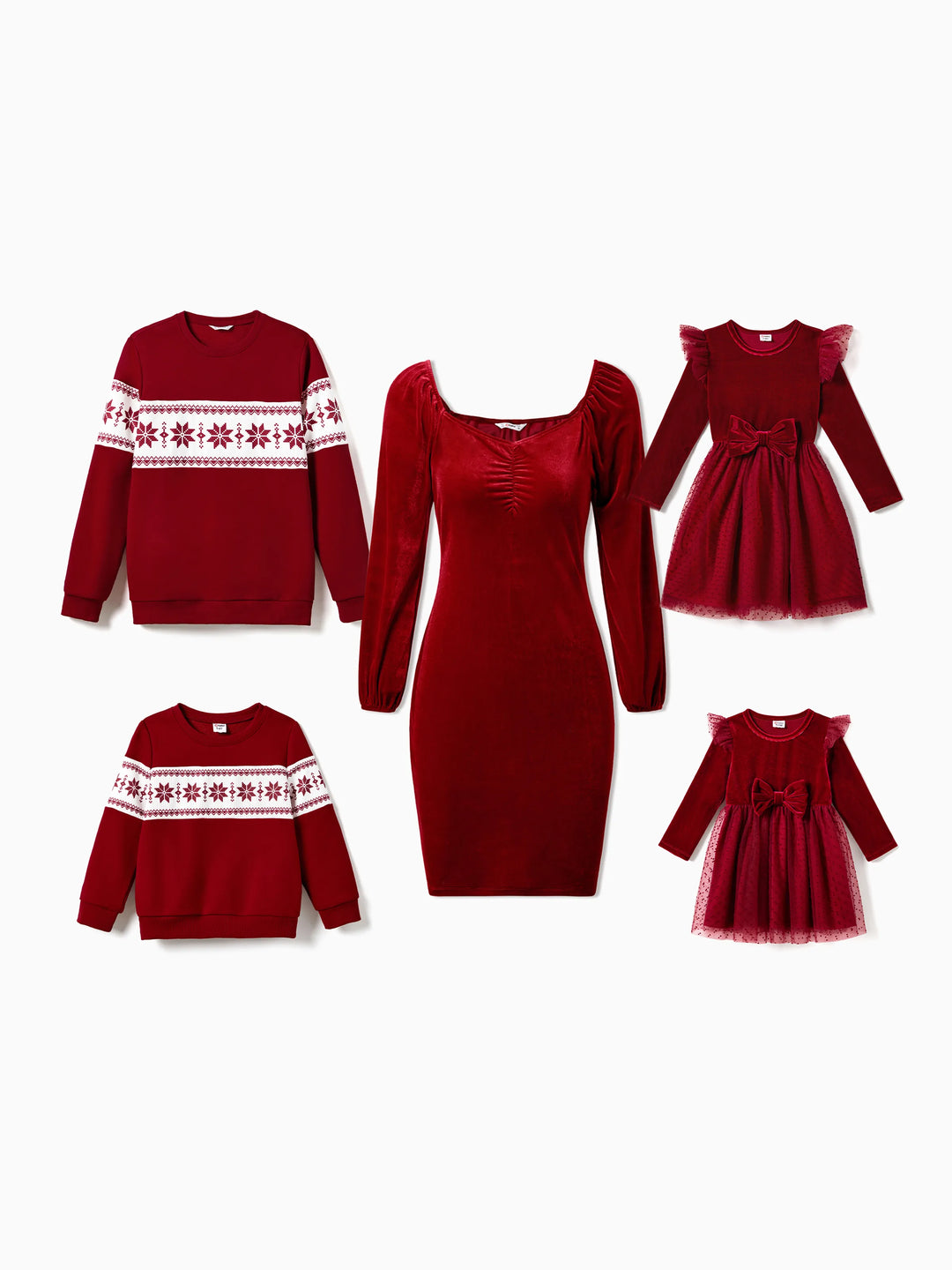Conjuntos navideños familiares de blusas de manga larga con bloques de color y vestidos de terciopelo burdeos