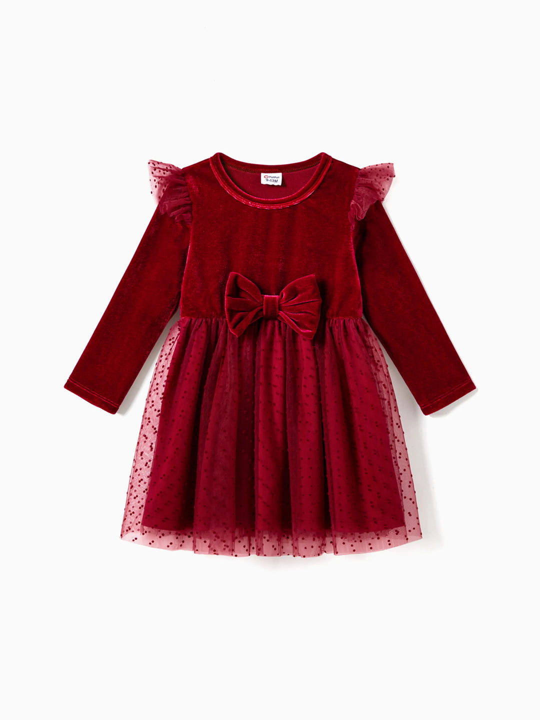 Conjuntos navideños familiares de blusas de manga larga con bloques de color y vestidos de terciopelo burdeos
