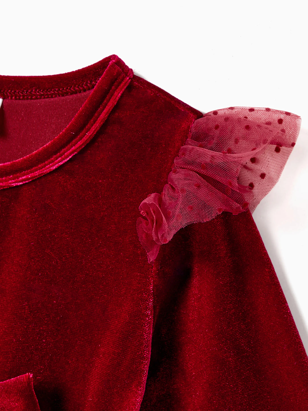 Conjuntos navideños familiares de blusas de manga larga con bloques de color y vestidos de terciopelo burdeos