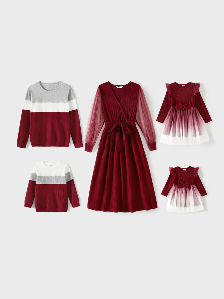 Ensembles assortis pour toute la famille : hauts color-block et robes en maille à volants bordeaux