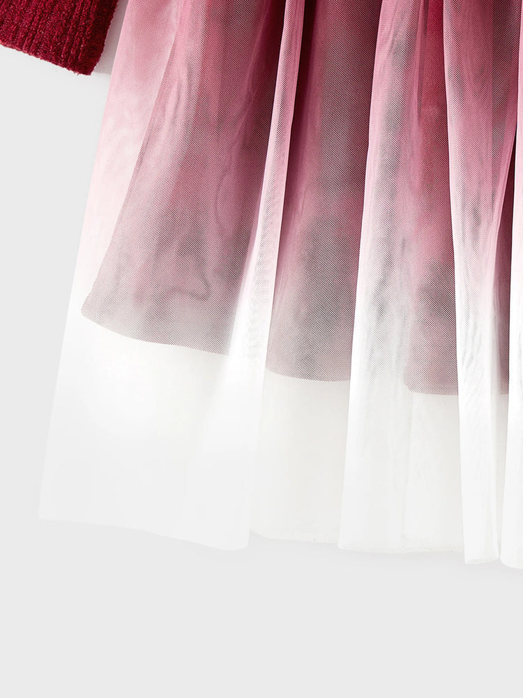 Family Matching Color-block Tops and Flutter Mesh Dresses Sets Burgundy