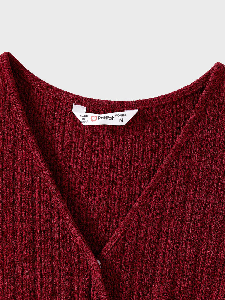 Family Matching Color-block Tops and Flutter Mesh Dresses Sets Burgundy