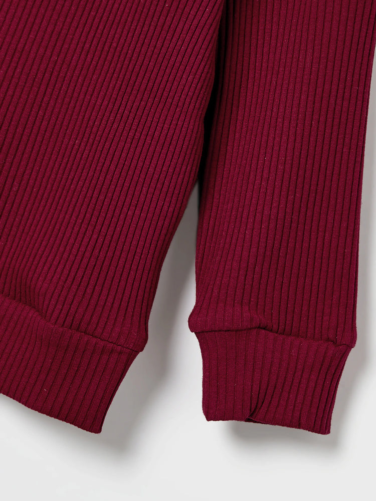 Family Matching Color-block Tops and Flutter Mesh Dresses Sets Burgundy