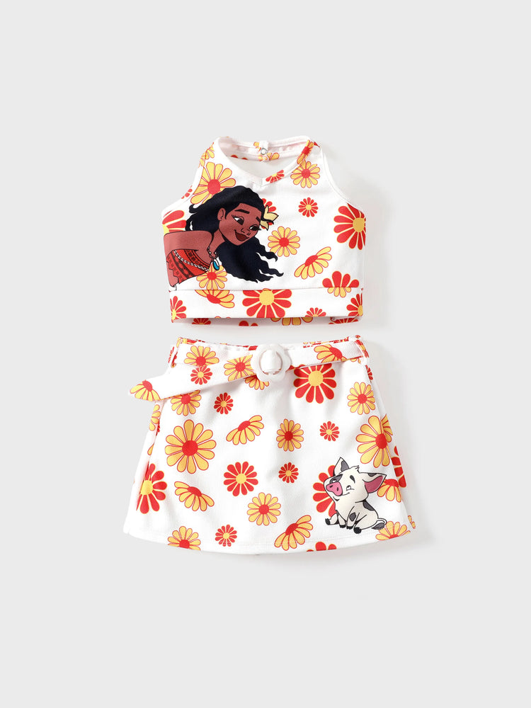Ensemble 2 pièces Disney Princesse Vaiana pour petite fille : haut dos nu et jupe fleurie, blanc