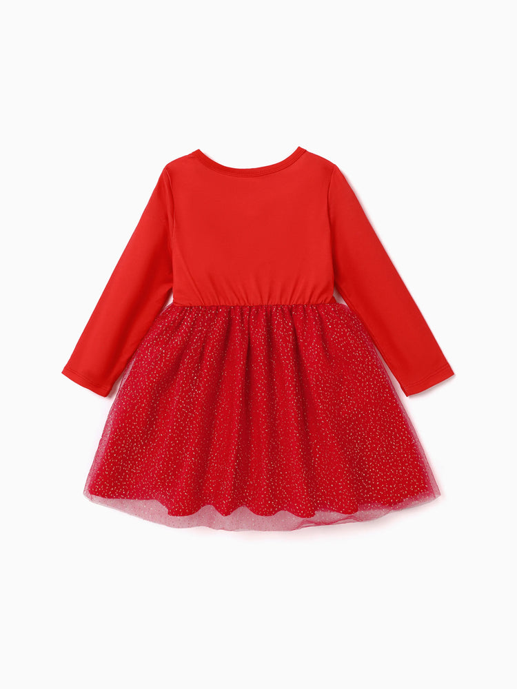 Robe de Noël à manches longues et superposition en maille pour petite fille Disney Mickey et ses amis Naia™, imprimé personnage, rouge
