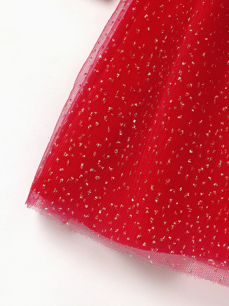 Robe de Noël à manches longues et superposition en maille pour petite fille Disney Mickey et ses amis Naia™, imprimé personnage, rouge