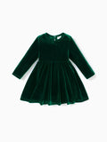 Christmas Sweet Toddler Girl Solid color Velvet material Dress Set Green