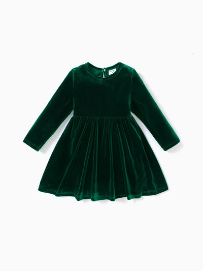 Ensemble de robe de Noël en velours de couleur unie pour petite fille, vert
